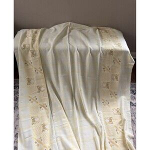 Vintage Hand Embroidered Cross Stitch Tablecloth Yellow Plaid Rectangle 86”